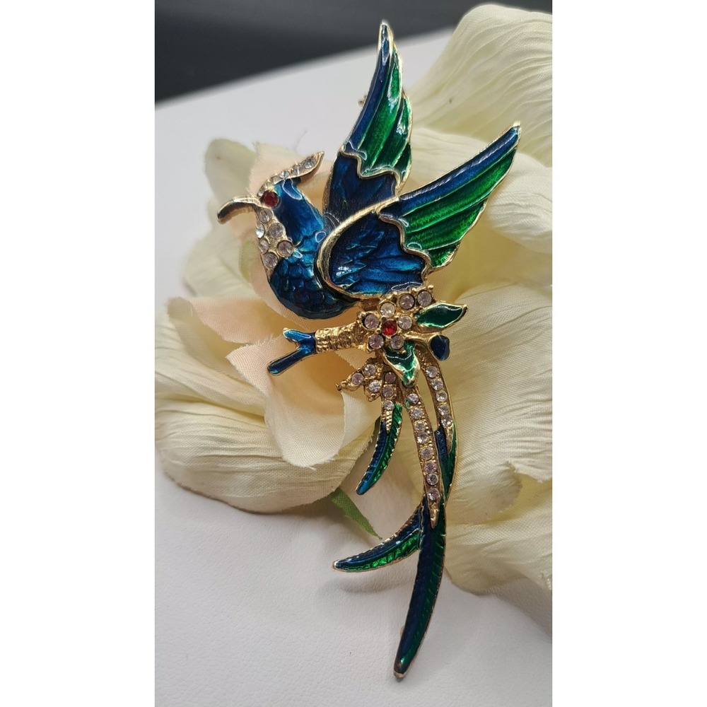 Vintage Brooch Bird of Paradise Gold Tone Enamel Rhinestone Pin 4" Vintage